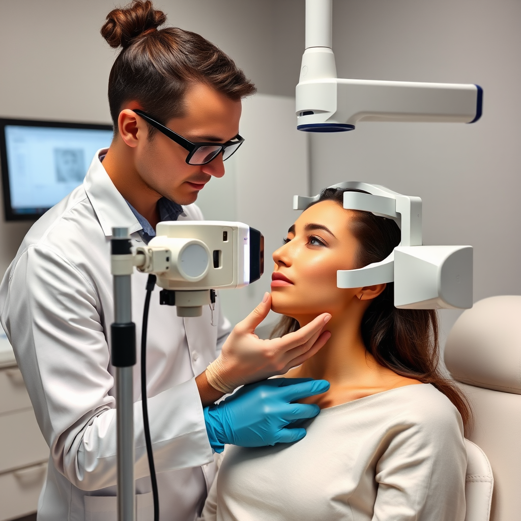 Professional skincare specialist analyzing client's skin using advanced diagnostic equipment in a clean, modern treatment room