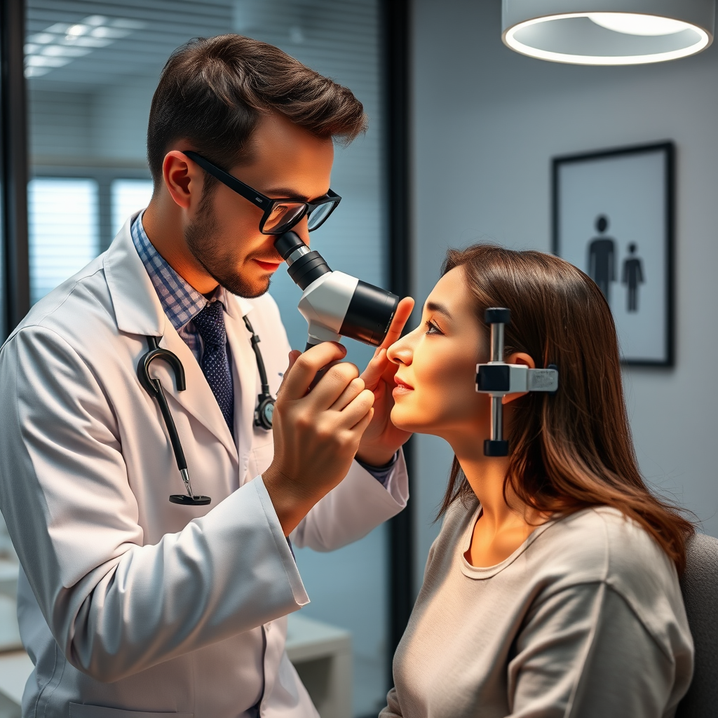 Certified dermatology specialist conducting skin analysis consultation with patient, using professional lighting and magnification tools in modern medical office