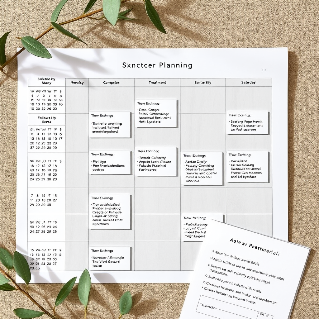 Calendar and planning materials showing long-term skincare maintenance schedule with Apaleo treatment timeline and follow-up appointments